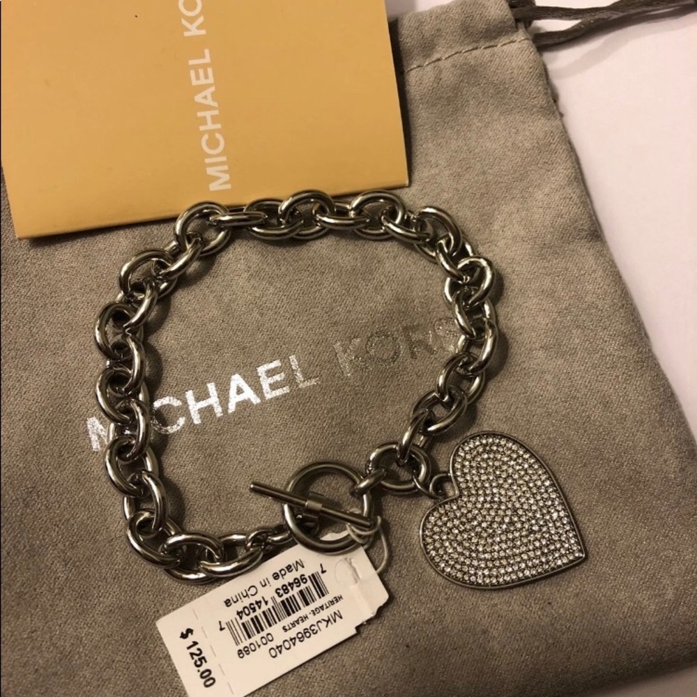 NWT Michael Kors silver paved heart charm bracelet